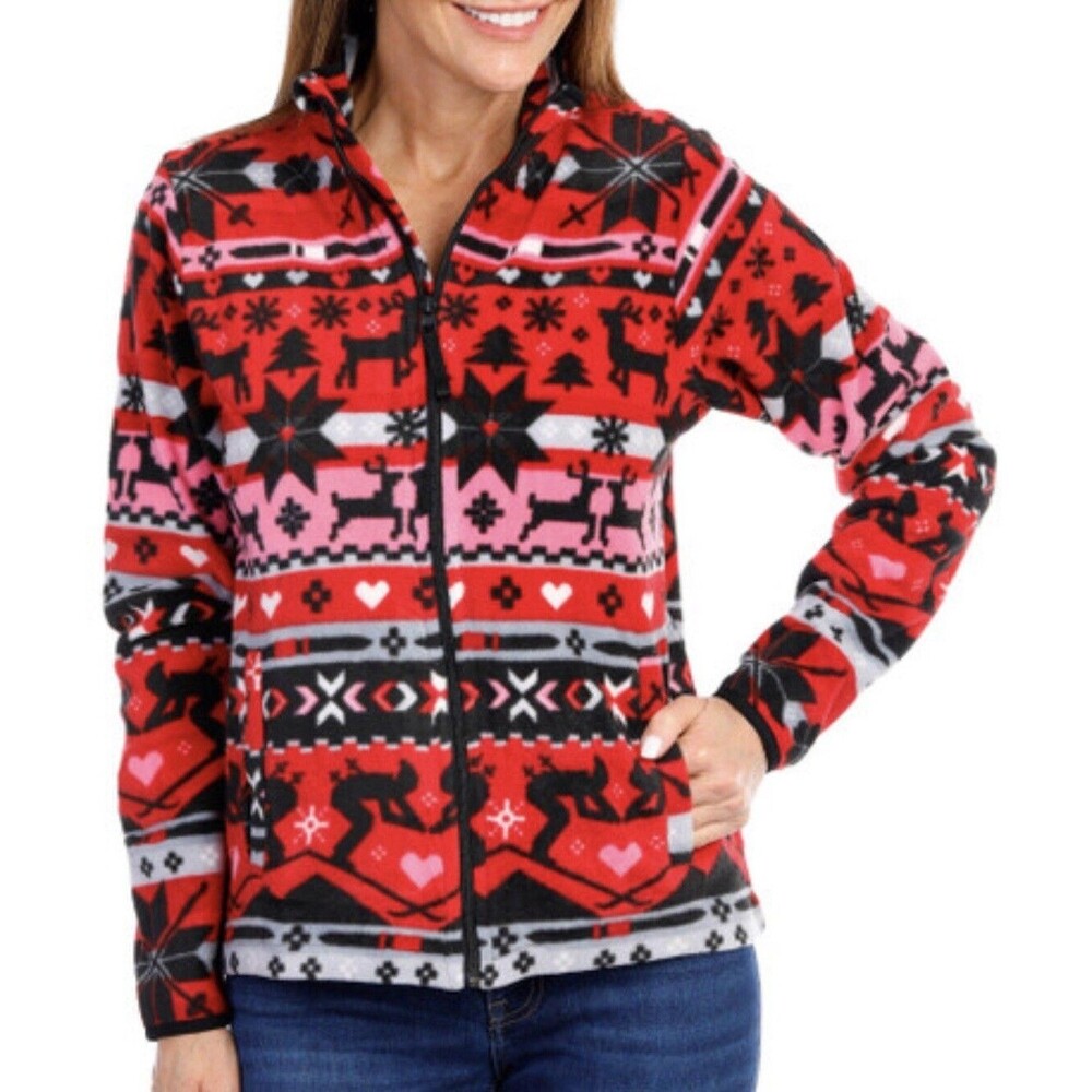 New NWT $85 Vera Bradley Fleece Jacket Nordic Red Pink Black Gray Heart Deer S - Picture 2 of 9